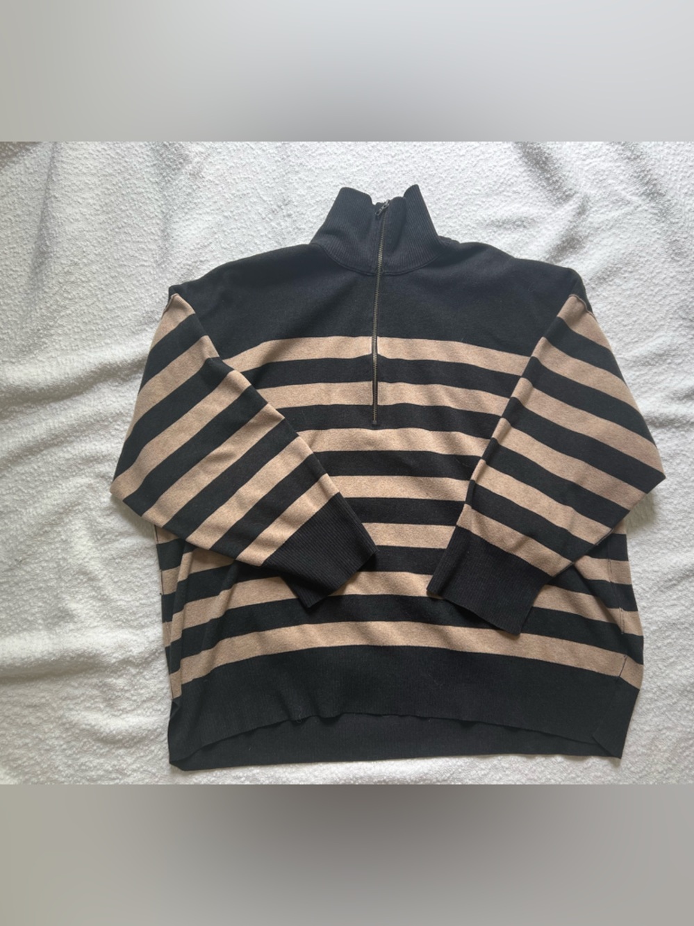 Free People Marlie Stripe Quarter Zip Sweater Small Black Tan Oversized Pullover